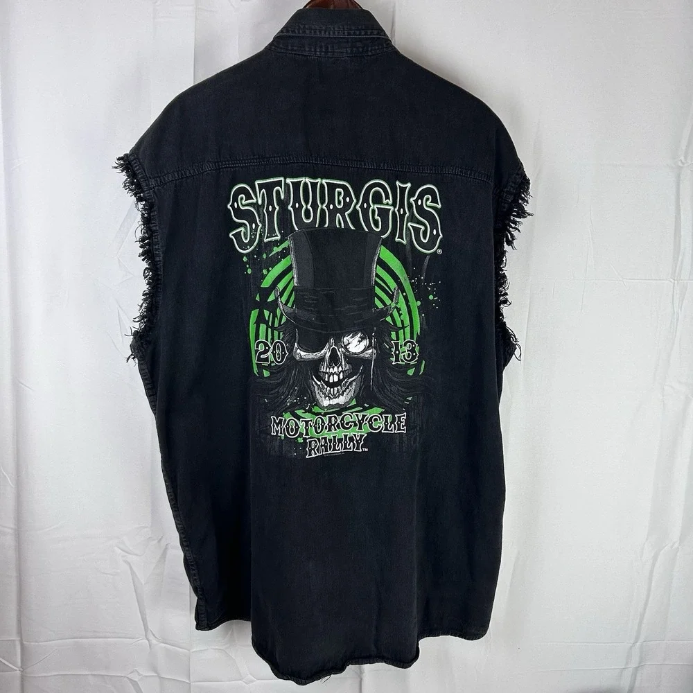 STURGIS - 2013, 73rd Annual Black Hills Rally Metal Black Cut-Off Denim Vest 3XL